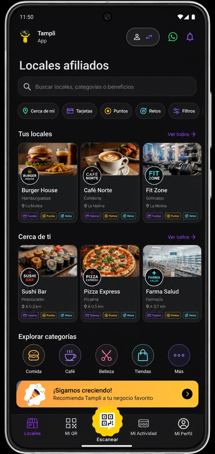 Pantalla de locales afiliados en Tampli