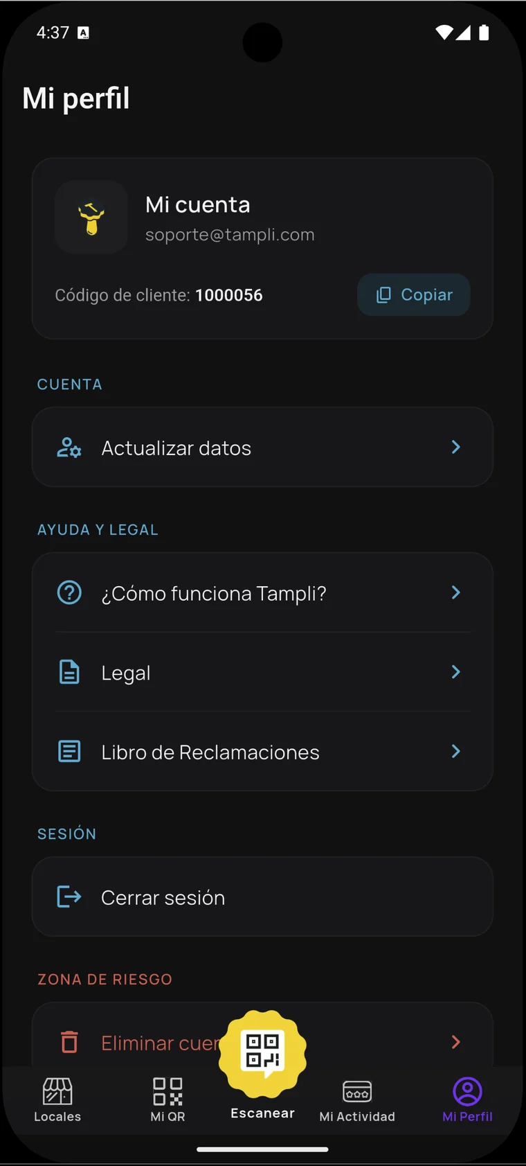 Perfil del cliente en Tampli